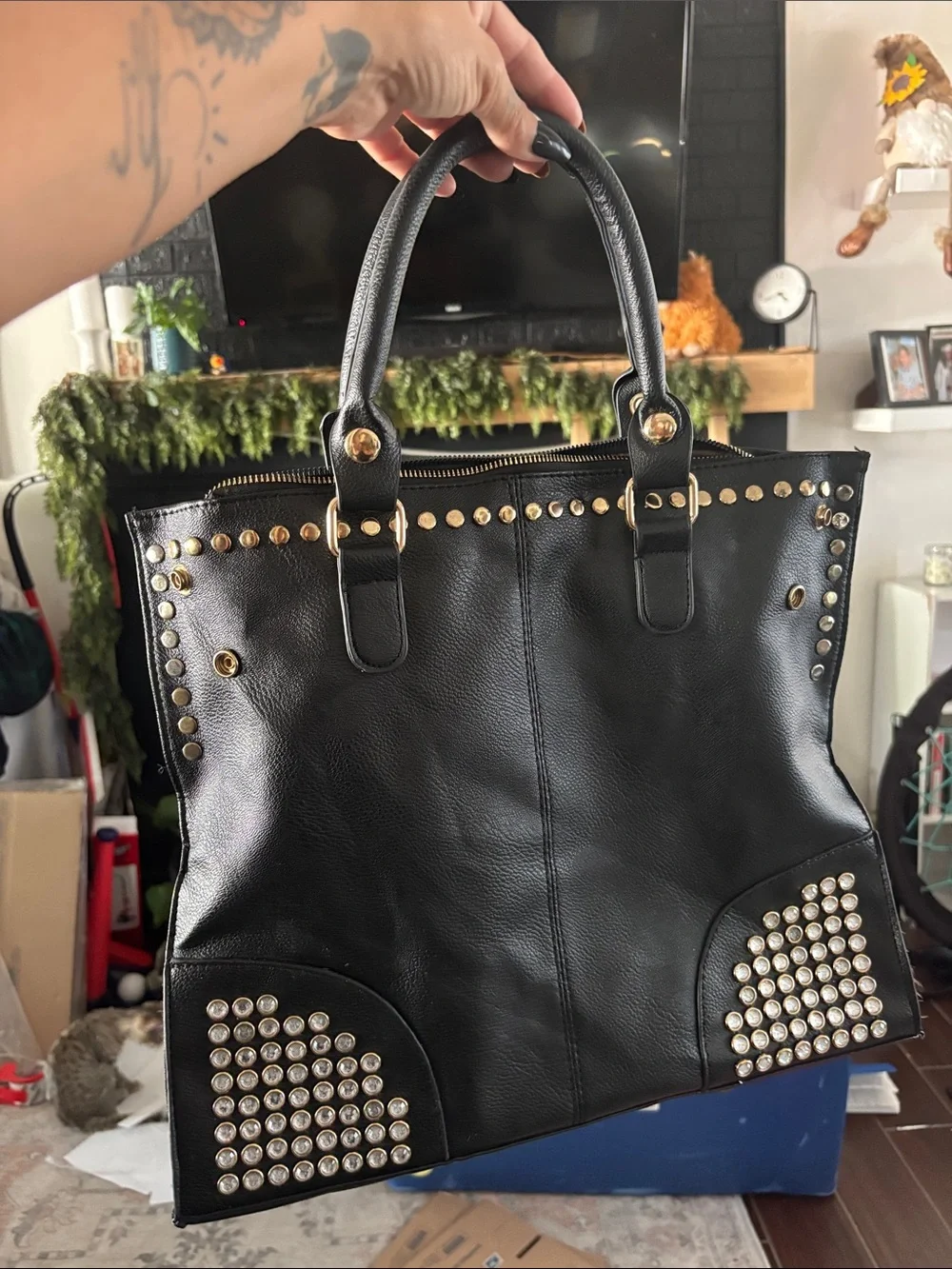 Black Studded Tote Bag with Gold Accents - Classic Carryall